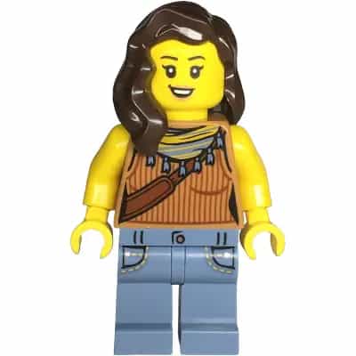 Snack Shack Patron - Female, Medium Nougat Tank Top, Sand Blue Legs with Pockets, Dark Brown Hair