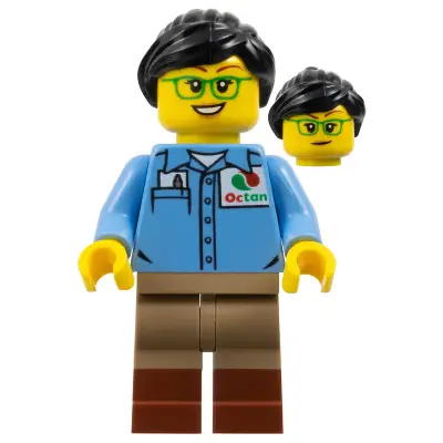 Train Worker - Female, Medium Blue Octan Shirt, Dark Tan Legs with Reddish Brown Boots, Green Glasses, Black Ponytail