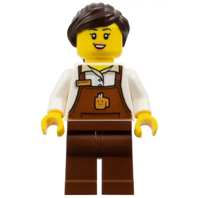 Barkeeper - Female, Reddish Brown Apron with Cup and Name Tag, Reddish Brown Legs, Dark Brown Hair Ponytail and Swept Sideways Fringe