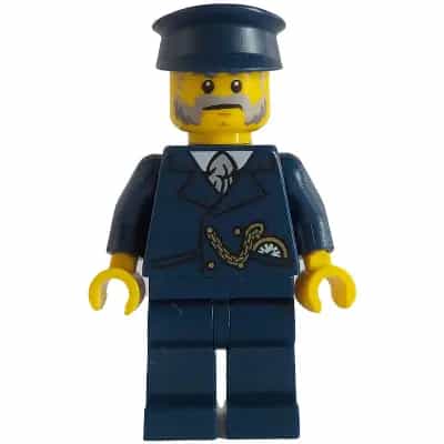Train Conductor - Male, Dark Blue Suit and Hat, Dark Bluish Gray and Light Bluish Gray Beard