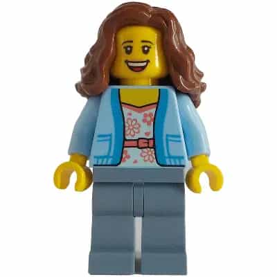 Passenger - Female, Bright Light Blue Jacket over White Shirt with Coral Flowers, Sand Blue Legs, Reddish Brown Wavy Hair