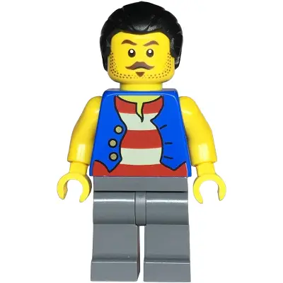 Pirate - Male, Blue Vest, Dark Bluish Gray Legs, Black Hair with Short Ponytail