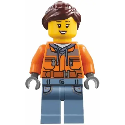Harbormaster's Office Attendant - Orange Safety Jacket, Sand Blue Legs with Pockets, Dark Brown Ponytail