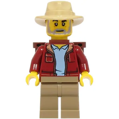 Lost City Explorer - Male, Dark Red Jacket with Bright Light Blue Shirt, Dark Tan Legs, Tan Fedora, Backpack