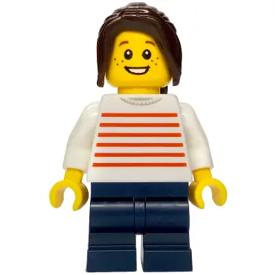 Merchant Boat - Girl, White Sweater with Red Horizontal Stripes, Dark Blue Medium Legs, Dark Brown Hair Ponytail Long with Side Bangs, Freckles