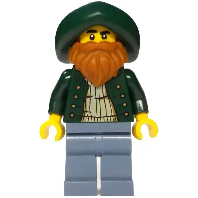 Merchant Boat Captain - Male, Dark Green Open Jacket, Sand Blue Legs, Dark Green Hat, Dark Orange Beard