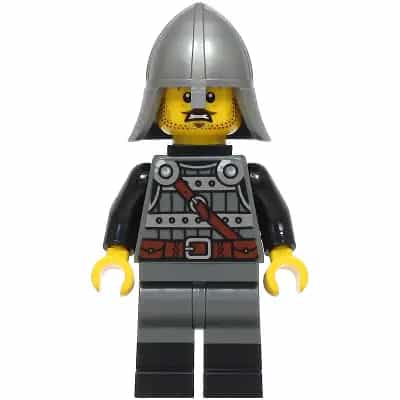 Knight - Male, Dark Bluish Gray and Silver Armor, Black Boots, Flat Silver Helmet with Neck Protector, Neck Bracket with Clip
