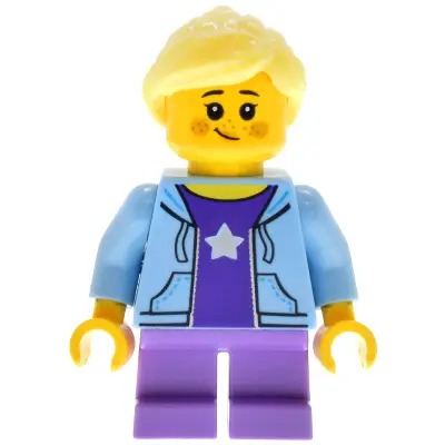 Antique Shop - Female Child, Bright Light Blue Hoodie over Dark Purple Shirt, Medium Lavender Short Legs, Bright Light Yellow Ponytail