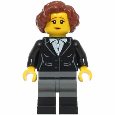 Vampire Castle Visitor - Female, Black Suit Jacket with White Button Up Shirt, Dark Bluish Gray Legs with Black Boots, Reddish Brown Hair
