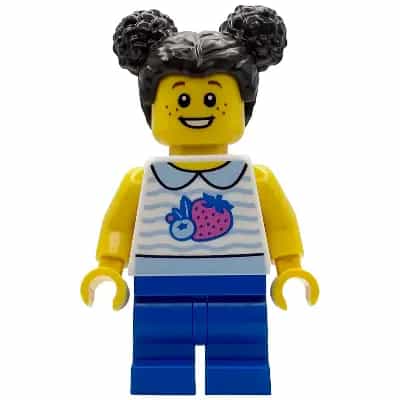 Popcorn Wagon Customer - Child, White Collared Shirt with Fruit, Blue Medium Legs, Dark Brown Hair