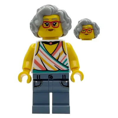 Popcorn Wagon Customer - Female, White Halter Top and Black Choker Necklace, Sand Blue Legs with Pockets, Light Bluish Gray Hair