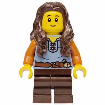 Mushroom Village - Female, Sand Blue Vest, Dark Brown Medium Legs, Dark Brown Long Wavy Hair