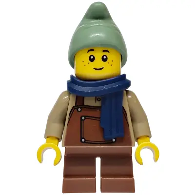 Mushroom Village - Gnome, Reddish Brown Overalls and Short Legs, Dark Blue Scarf, Sand Green Hat