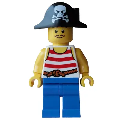Pirate - Male, White Tank Top with Red Stripes, Blue Legs, Black Bicorne Hat with Skull and Crossbones