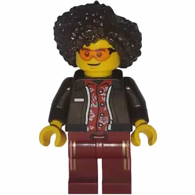 Art Factory Bassist - Female, Dark Brown Jacket over Red Hawaiian Shirt, Dark Red Legs with Coral and Gold Vertical Stripes, Dark Brown Hair
