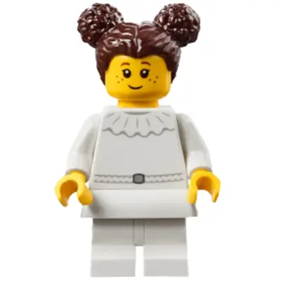 Art Factory Ballerina Student - Girl, White Dress with Ruffled Collar, White Medium Legs, Dark Brown Hair with Two Buns on Top, White Skirt
