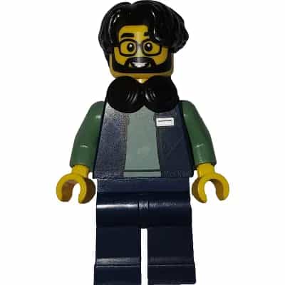 Art Factory Photographer - Male, Dark Blue Bodywarmer Over Sand Green Sweater, Dark Blue Legs, Black Hair Parted on Right, Headphones Around Neck