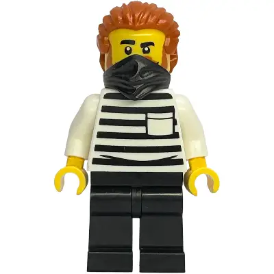 Gold Mine Prisoner - Male, White Shirt with Pocket and Black Stripes, Black Legs, Dark Orange Swept Back Hair with Ponytail, Black Bandana