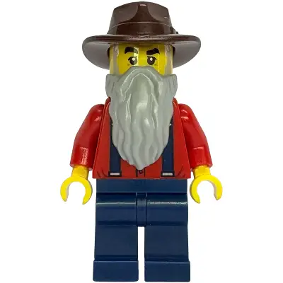 Gold Mine Prospector - Male, Red Shirt with Tan Tie, Dark Blue Legs, Dark Brown Fedora, Light Bluish Gray Beard