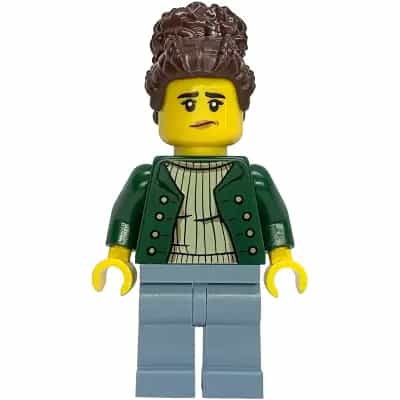 Gold Mine Worker - Female, Dark Green Open Jacket, Sand Blue Legs, Dark Brown Coiled Hair with Bun