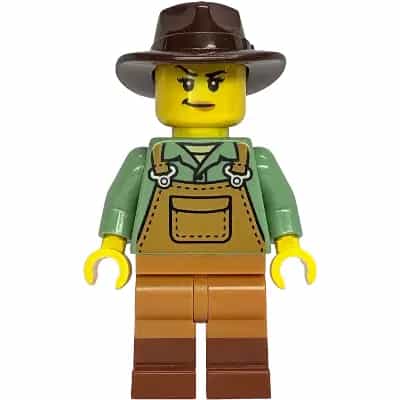Gold Mine Miner - Female, Medium Nougat Overalls over Sand Green Shirt, Reddish Brown Boots, Dark Brown Fedora
