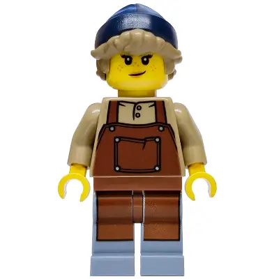 Privateer Frigate Fortuna Carpenter - Female, Reddish Brown Apron, Sand Blue Legs, Dark Blue Beanie, Dark Tan Hair