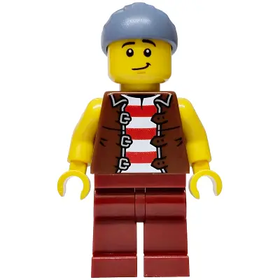 Privateer Frigate Fortuna Sailor - Male, Reddish Brown Vest over Red and White Striped Shirt, Dark Red Legs, Sand Blue Bandana
