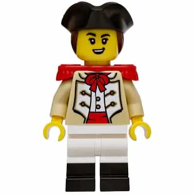 Privateer Frigate Fortuna Marine - Female, Tan Coat, White Legs with Black Boots, Red Epaulettes, Black Tricorne, Reddish Brown Hair, Open Mouth Crooked Smile