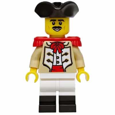 Privateer Frigate Fortuna Marine - Male, Tan Coat, White Legs with Black Boots, Red Epaulettes, Black Tricorne Hat, Black Moustache