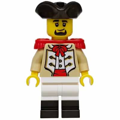 Privateer Frigate Fortuna Marine - Male, Tan Coat, White Legs with Black Boots, Red Epaulettes, Black Tricorne Hat, Black Goatee