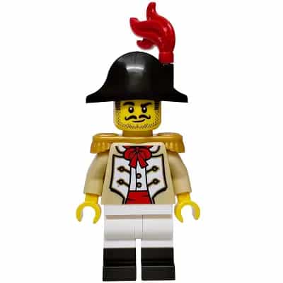 Privateer Frigate Fortuna Captain - Male, Tan Coat, White Legs with Black Boots, Pearl Gold Epaulettes, Black Bicorne Hat, Red Plume