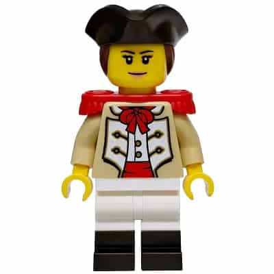 Privateer Frigate Fortuna Marine - Female, Tan Coat, White Legs with Black Boots, Red Epaulettes, Black Tricorne, Reddish Brown Hair, Nougat Lips Smile