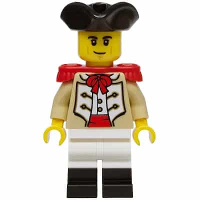 Privateer Frigate Fortuna Marine - Male, Tan Coat, White Legs with Black Boots, Red Epaulettes, Black Tricorne Hat, Lopsided Grin