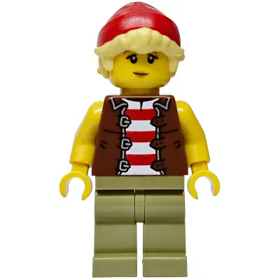 Privateer Frigate Fortuna Sailor - Female, Reddish Brown Vest over Red and White Striped Shirt, Olive Green Legs, Red Beanie, Bright Light Yellow Hair