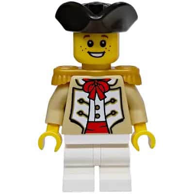 Privateer Frigate Fortuna Midshipman - Male, Tan Coat, White Medium Legs, Pearl Gold Epaulettes, Black Tricorne Hat