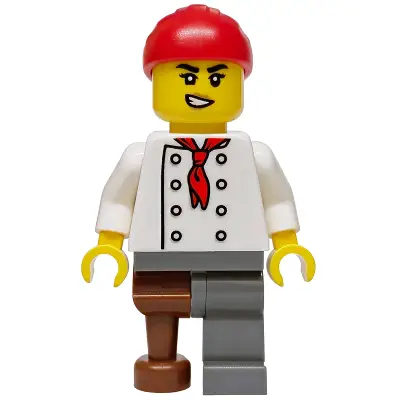 Privateer Frigate Fortuna Cook - Female, White Torso with 8 Buttons, Dark Bluish Gray Leg with Peg Leg, Red Bandana