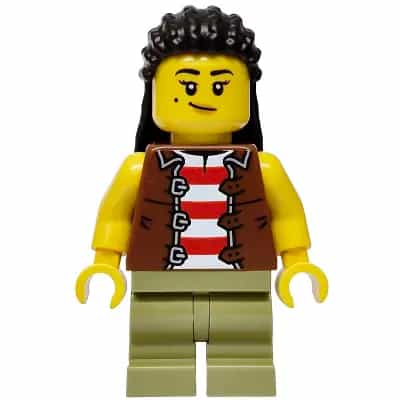 Privateer Frigate Fortuna Sailor - Female, Reddish Brown Vest over Red and White Striped Shirt, Olive Green Medium Legs, Black Hair