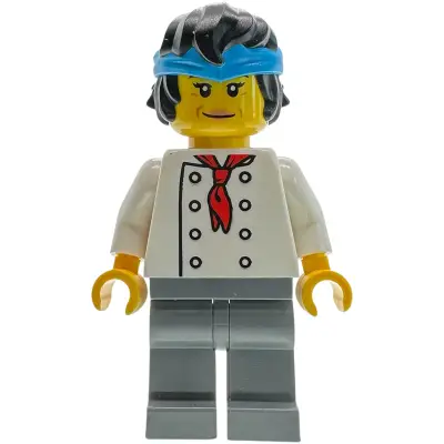 Sushi Restaurant Chef - Female, White Torso with 8 Buttons, Dark Bluish Gray Legs, Black Ponytail with Dark Azure Bandana Headband (Naomi)