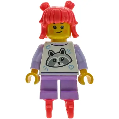 Sushi Restaurant Customer Child - Girl, White Top with Raccoon, Medium Lavender Short Legs, Coral Hair with Buns, Ice Skates (Mei)