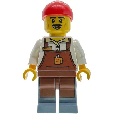 Sushi Restaurant Yatai Owner - Male, Reddish Brown Apron with Cup and Name Tag, Sand Blue Legs, Red Bandana (Takumi)