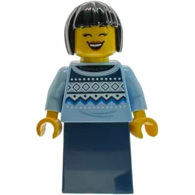 Sushi Restaurant Customer - Female, Bright Light Blue Knit Fair Isle Sweater, Dark Blue Skirt, Black Hair (Minori)