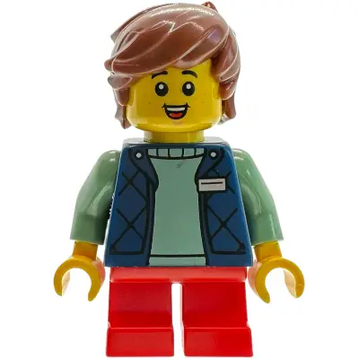 Sushi Restaurant Customer Child - Boy, Dark Blue Bodywarmer over Sand Green Sweater, Red Short Legs, Reddish Brown Hair (Yusuke)