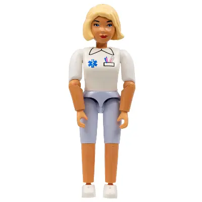 Belville Female - Medic, Light Blue Shorts, White Shirt with EMT Star of Life Pattern, Light Yellow Hair