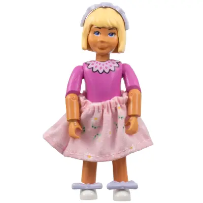 Belville Female, Child Girl - Pink Shorts, Dark Pink Top with Lace Collar Pattern, Very Light Orange Hair, White Shoes, Skirt, Hairband, Bows