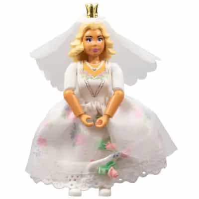 Belville Female, Adult Woman (Princess / Bride) - Pink Shorts, White Top with Flowers and Gold Lace Trim Pattern, Very Light Orange Hair, White Shoes, Skirt, Veil, Crown