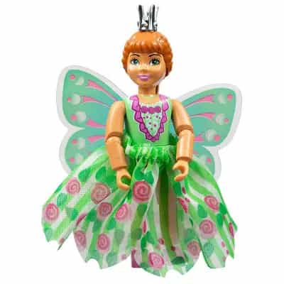 Belville Female, Child Girl (Princess Flora) - Medium Green Top with Flowers Pattern, Dark Orange Hair, Dark Pink Shoes, Skirt with Wings, Crown