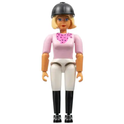 Belville Female, Adult Woman (Horse Rider) - White Shorts, Pink Shirt with Dark Pink Bandana Pattern, Very Light Orange Hair, Black Shoes, Hat