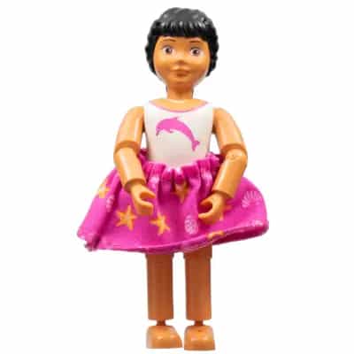 Belville Female, Child Girl - White Swimsuit with Dolphin Pattern, Black Hair, Skirt, Bow