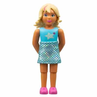 Belville Female, Child Girl (Pop Star) - Sky Blue Top with Stars Pattern, Light Yellow Hair with Dark Pink Streaks, Dark Pink Shoes, Skirt