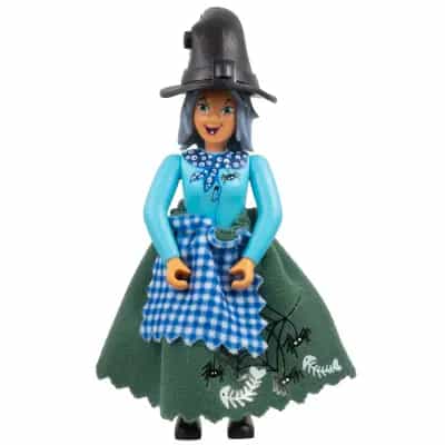 Belville Female, Adult Woman (Witch) - Magenta Pants, Sky Blue Top with Scarf and Spider Pattern, Sand Blue Hair, Black Shoes, Skirt, Hat